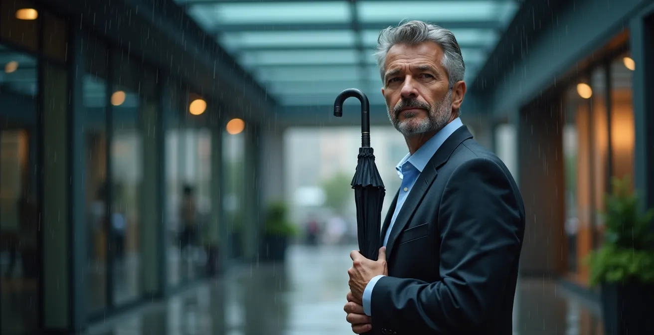 Eleganter Geschäftsmann mit hochwertigem Regenschirm vor modernem Bürogebäude bei typisch deutschem Regenwetter