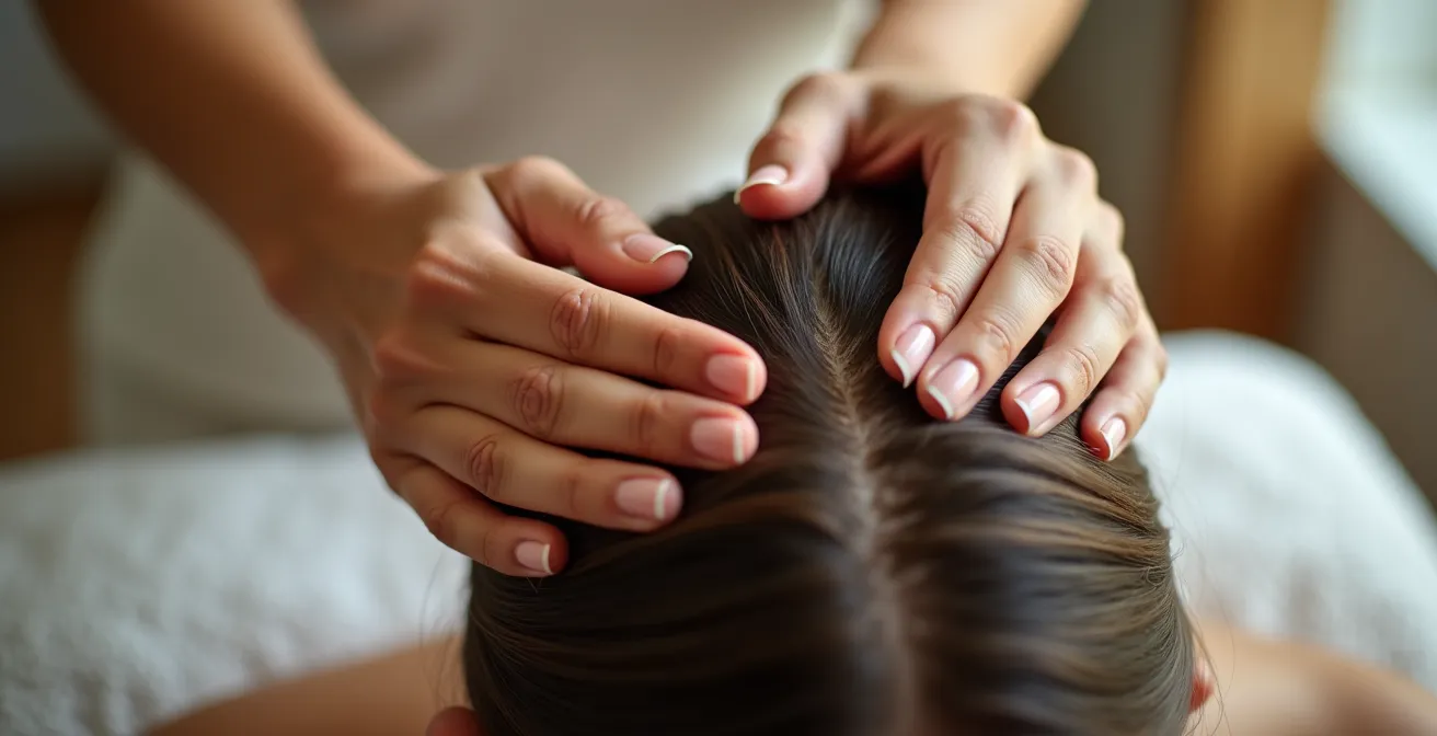 Hände massieren sanft die Kopfhaut mit kreisenden Bewegungen zur Durchblutungsförderung