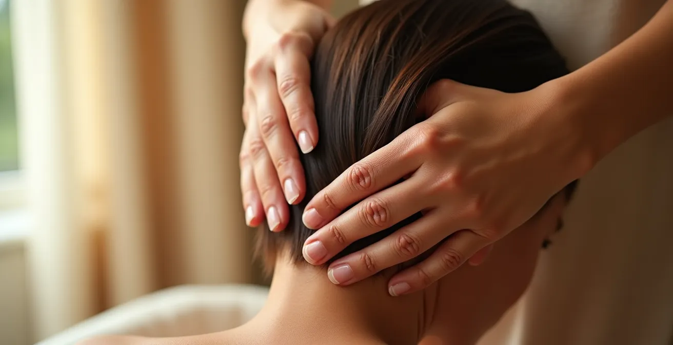 Sanfte Kopfhautmassage mit Peeling-Behandlung in Nahaufnahme