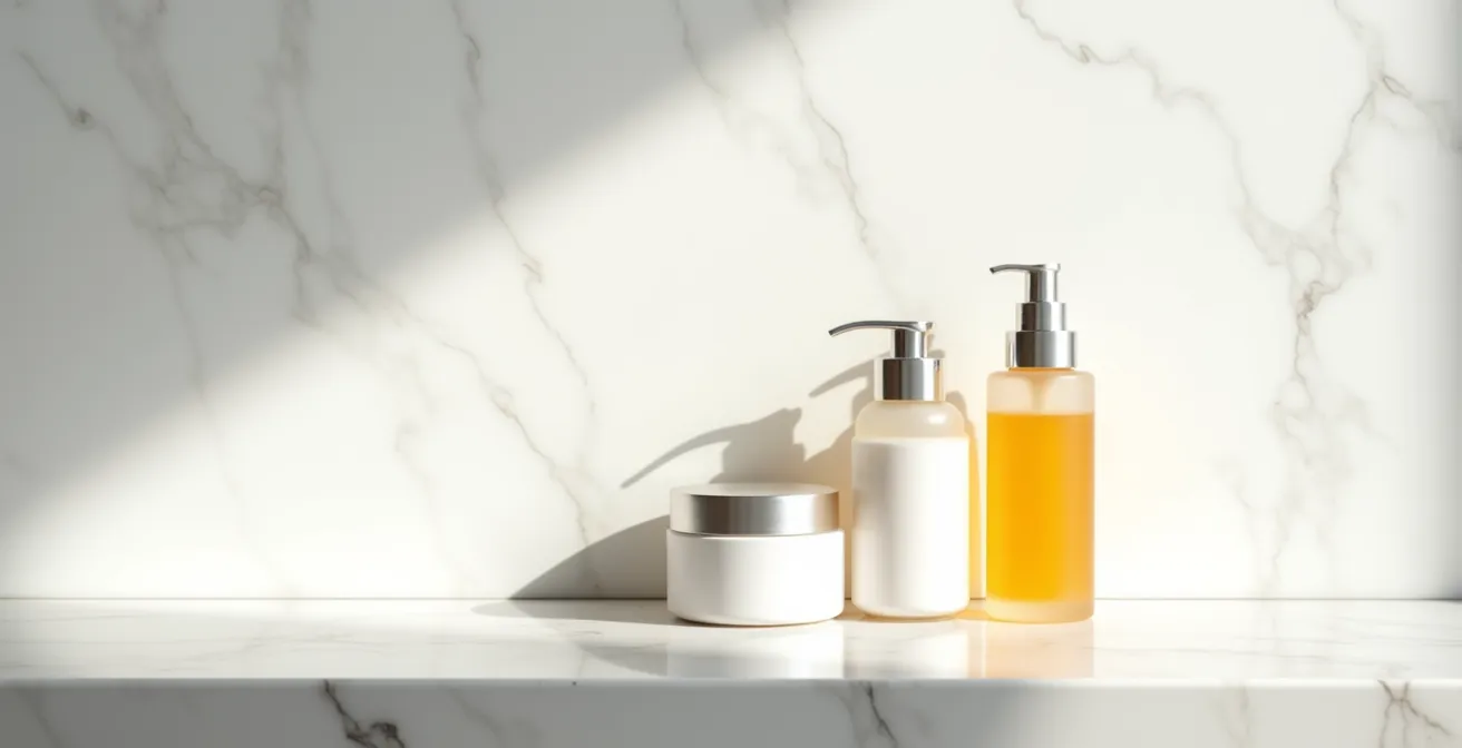 Minimalistische Anordnung von Hautpflegeprodukten in aufsteigender Höhe auf hellem Marmorhintergrund, die die Schichtungsreihenfolge symbolisiert.
