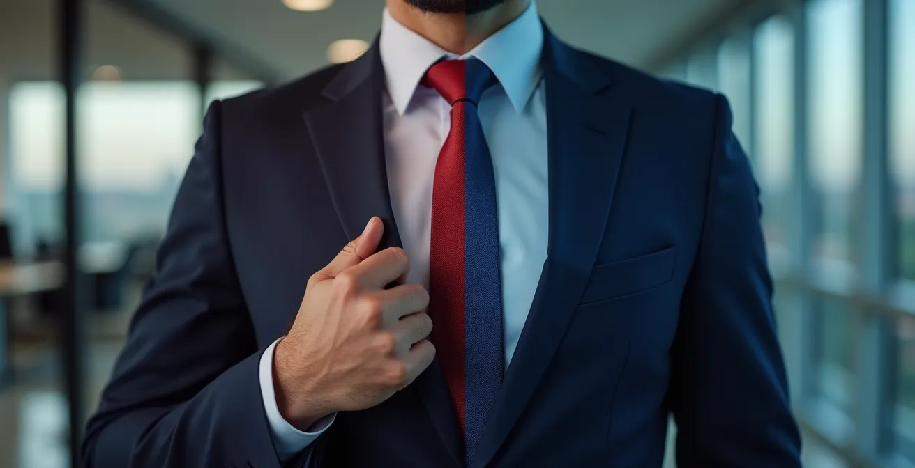 Detailaufnahme von roter und blauer Krawatte nebeneinander auf dunklem Anzughintergrund