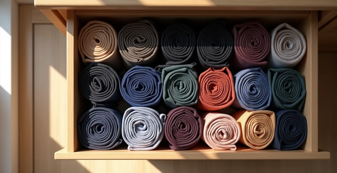 Professionell organisierte Krawattenschublade mit gerollten Seidenkrawatten