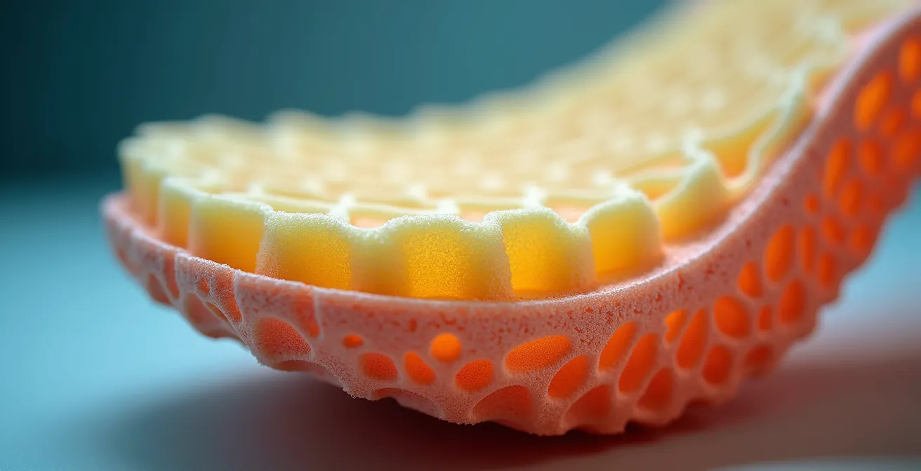 Makroaufnahme einer Laufschuh-Mittelsohle mit sichtbarer Dämpfungstechnologie