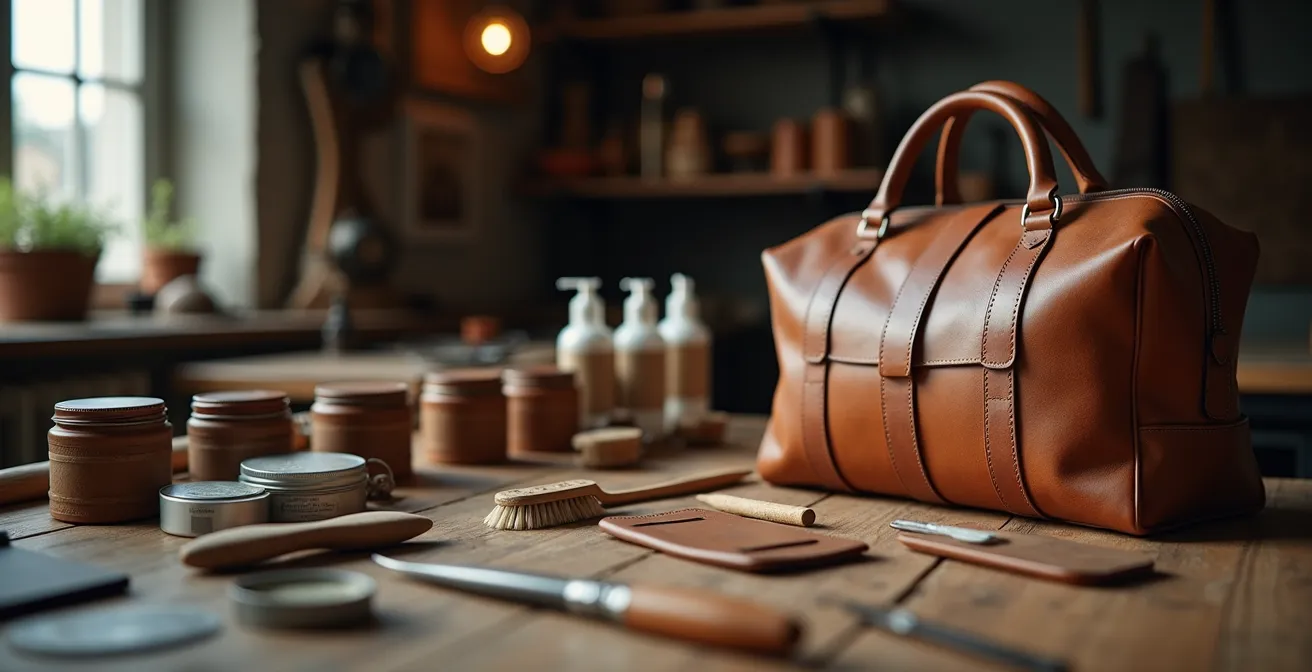 Werkzeuge und Produkte zur professionellen Lederpflege und Restaurierung von Vintage-Accessoires auf einer Werkbank.