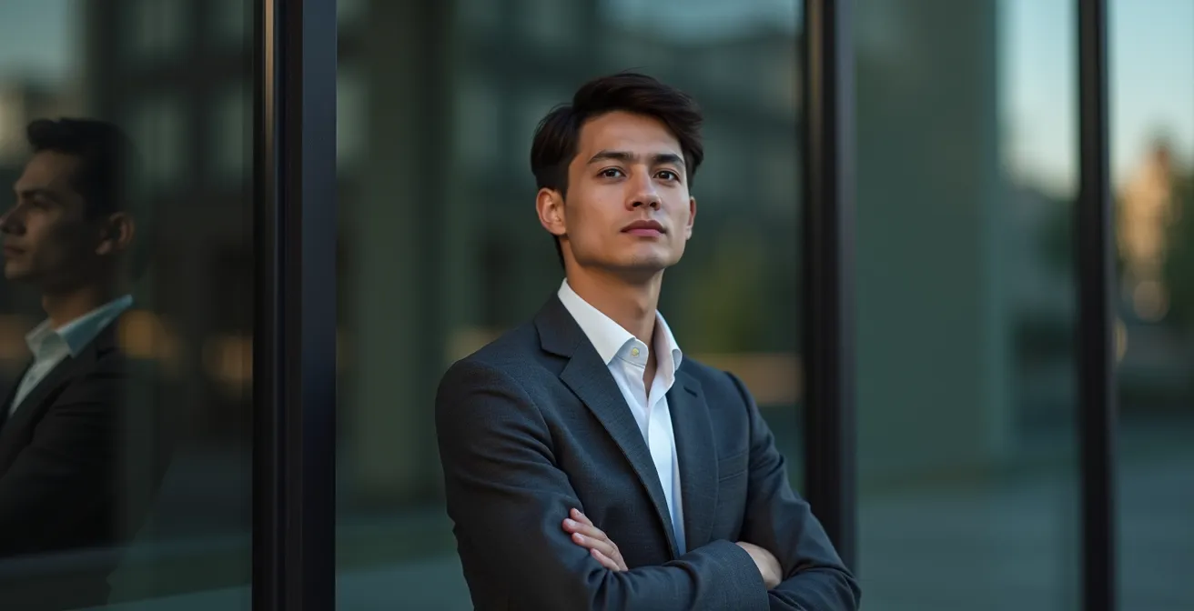 Nachdenkliche Nahaufnahme eines jungen Professionals, der in einem perfekt sitzenden Anzug vor der spiegelnden Glasfassade eines modernen Bürogebäudes steht und sein Spiegelbild betrachtet.