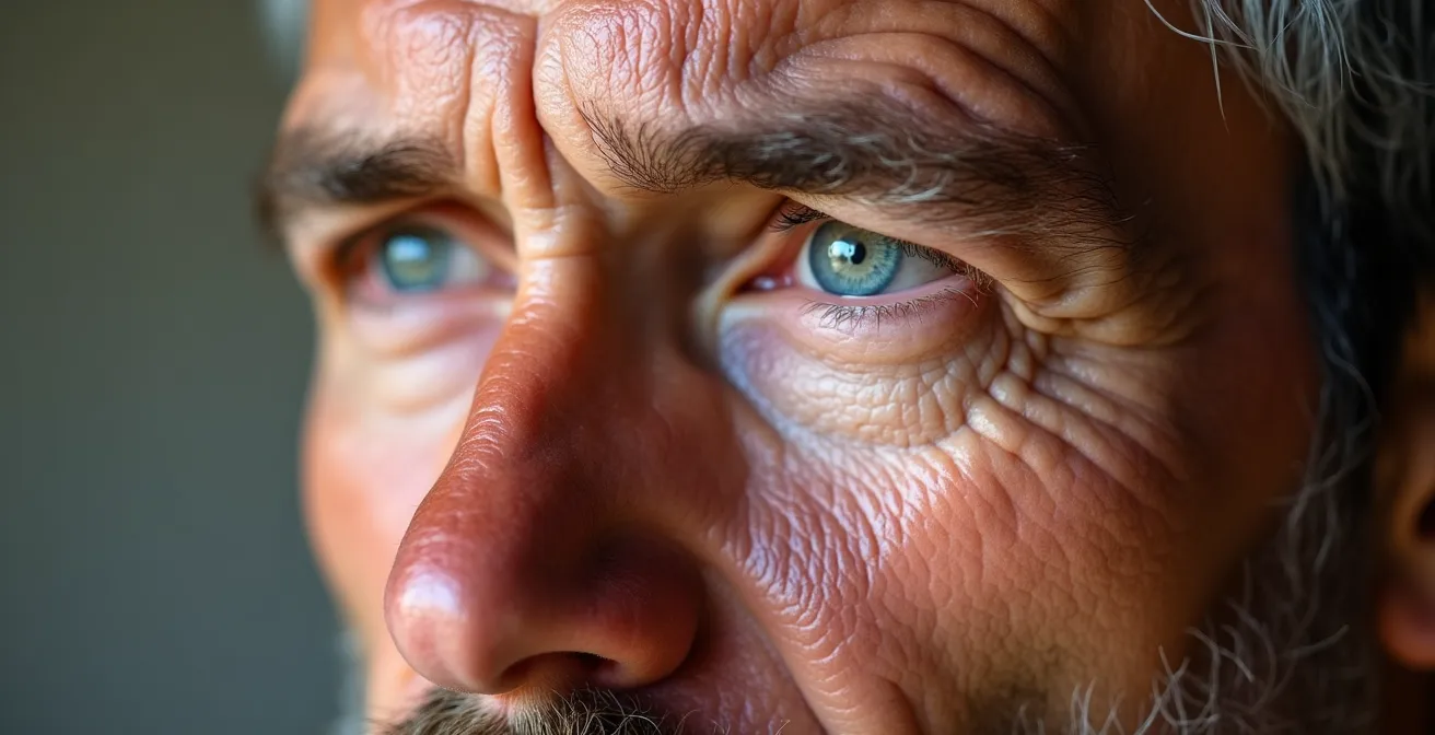 Makroaufnahme der männlichen Gesichtshaut mit sichtbarer Struktur und Textur