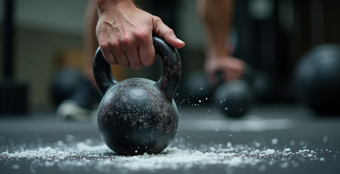 Extreme Nahaufnahme einer Hand, die eine Kettlebell greift, um die Intensität des funktionellen Trainings zu symbolisieren.