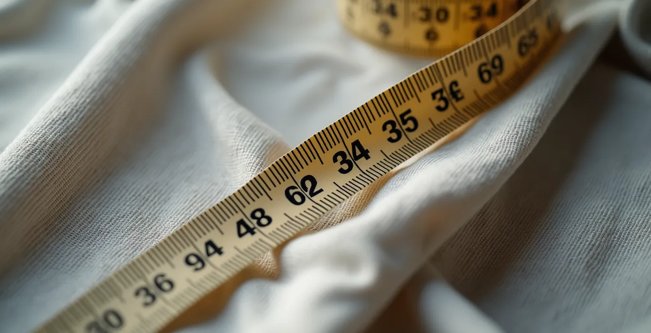 Nahaufnahme von Maßband und verschiedenen Größenetiketten zur Verdeutlichung der Größenunterschiede