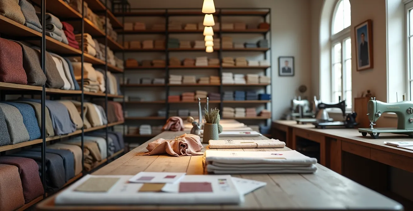 Maßschneider-Beratung mit Stoffmustern und Maßband in einem deutschen Atelier