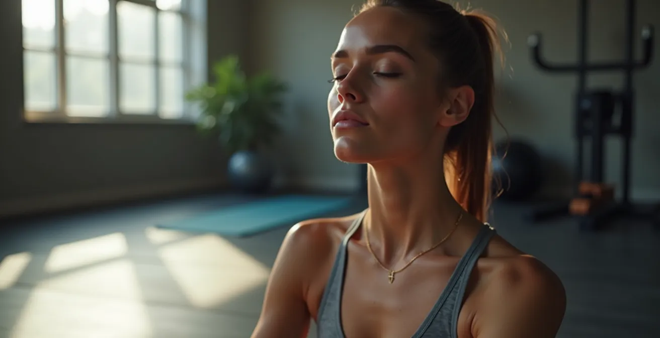 Person in meditativer Sitzhaltung nach dem Sport mit geschlossenen Augen in ruhiger Umgebung