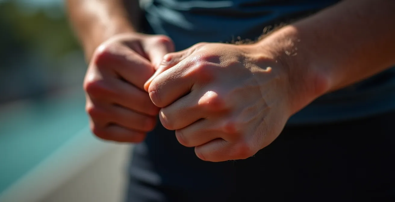 Makroaufnahme von Läuferhänden in Nahaufnahme, zeigt Entschlossenheit und Fokus