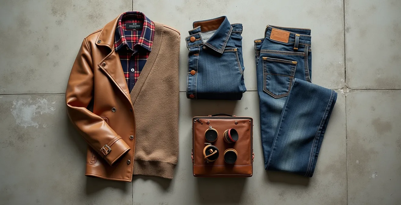 Minimalistische Darstellung einer kuratierten 90er-Capsule-Wardrobe mit zeitlosen Basics