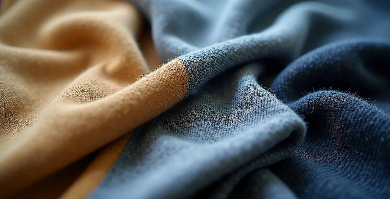 Verschiedene hochwertige Kleidungsstücke wie Merinowolle, Jersey und Baumwolle, die kunstvoll für unterschiedliche Arbeitssituationen arrangiert sind.