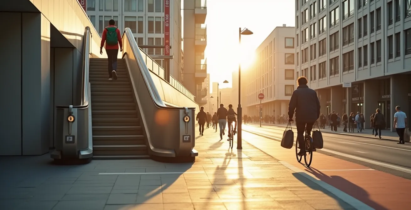 Menschen nutzen Treppen und Fahrräder im deutschen Stadtbild für mehr Alltagsbewegung