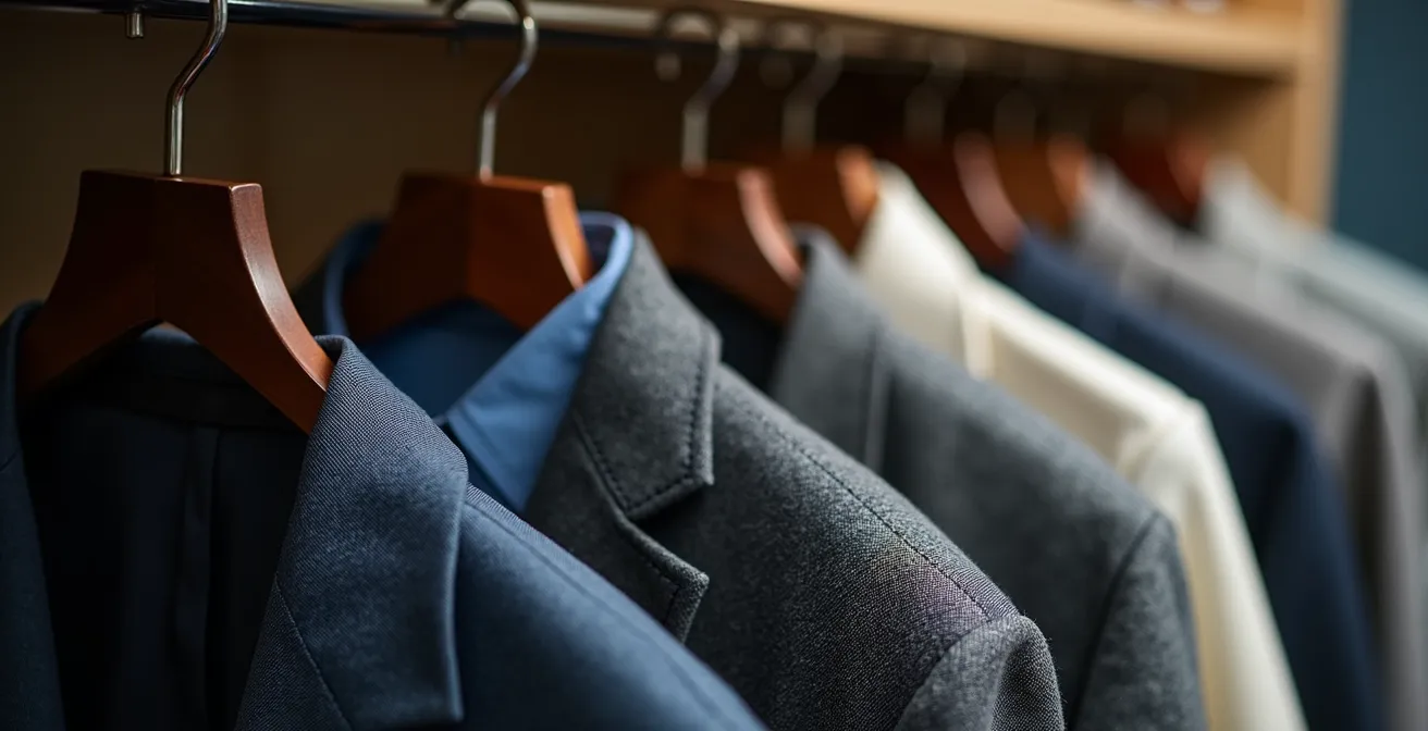 Detailaufnahme eines perfekt organisierten Kleiderschranks, der Effizienz und Klarheit ausstrahlt.