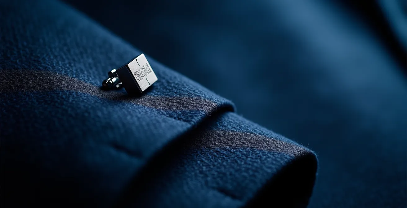 Nahaufnahme eines dunkelblauen Anzugstoffs mit perfekter Textur und Beleuchtung