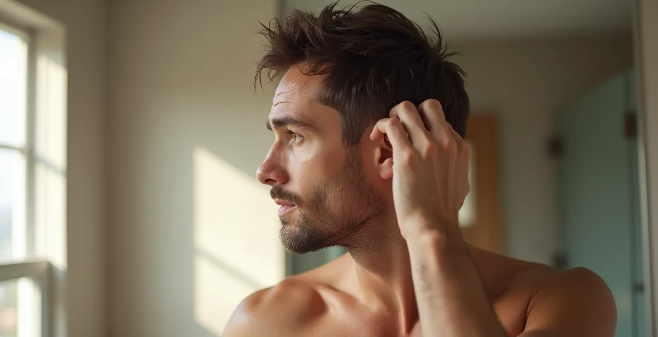 Mann wendet Haaröl vor der Haarwäsche an