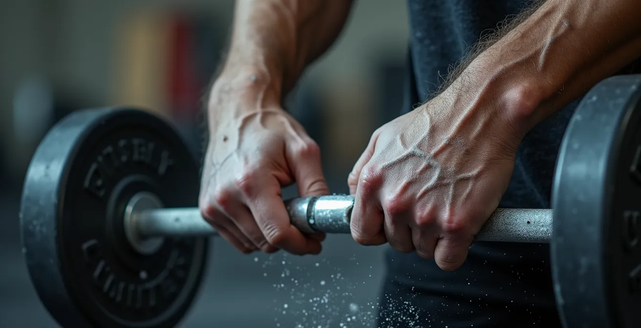 Detailaufnahme einer Hand, die Gewichtsscheiben auf eine Langhantel legt