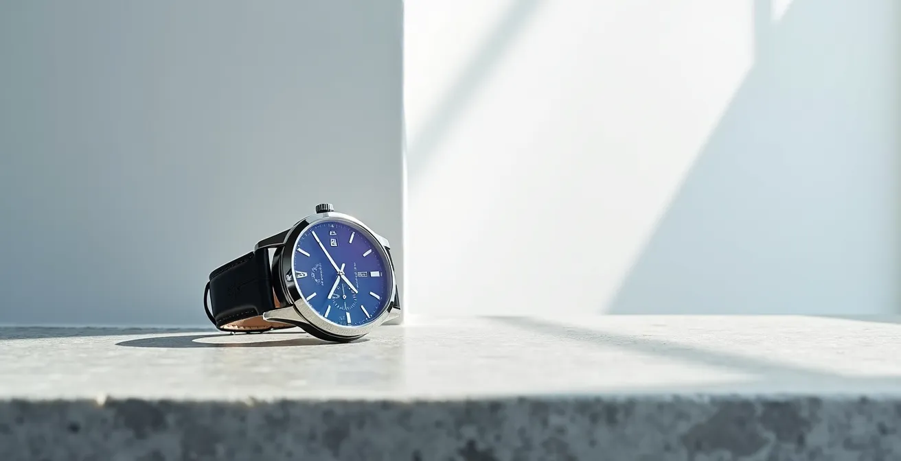 Detailaufnahme eines Saphirglases mit antireflektierender Beschichtung auf einer Armbanduhr