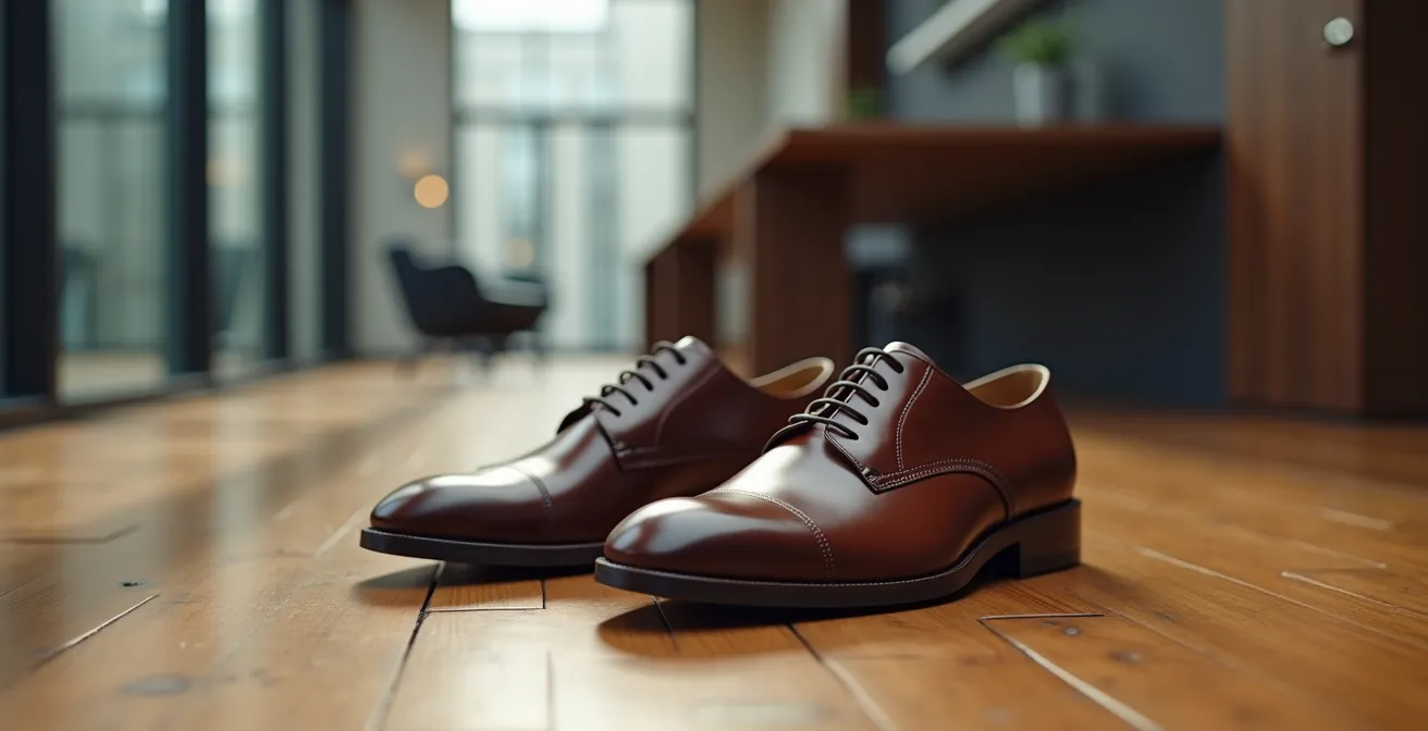 Elegante gepflegte Herrenschuhe auf Holzboden in deutschem Büroumfeld