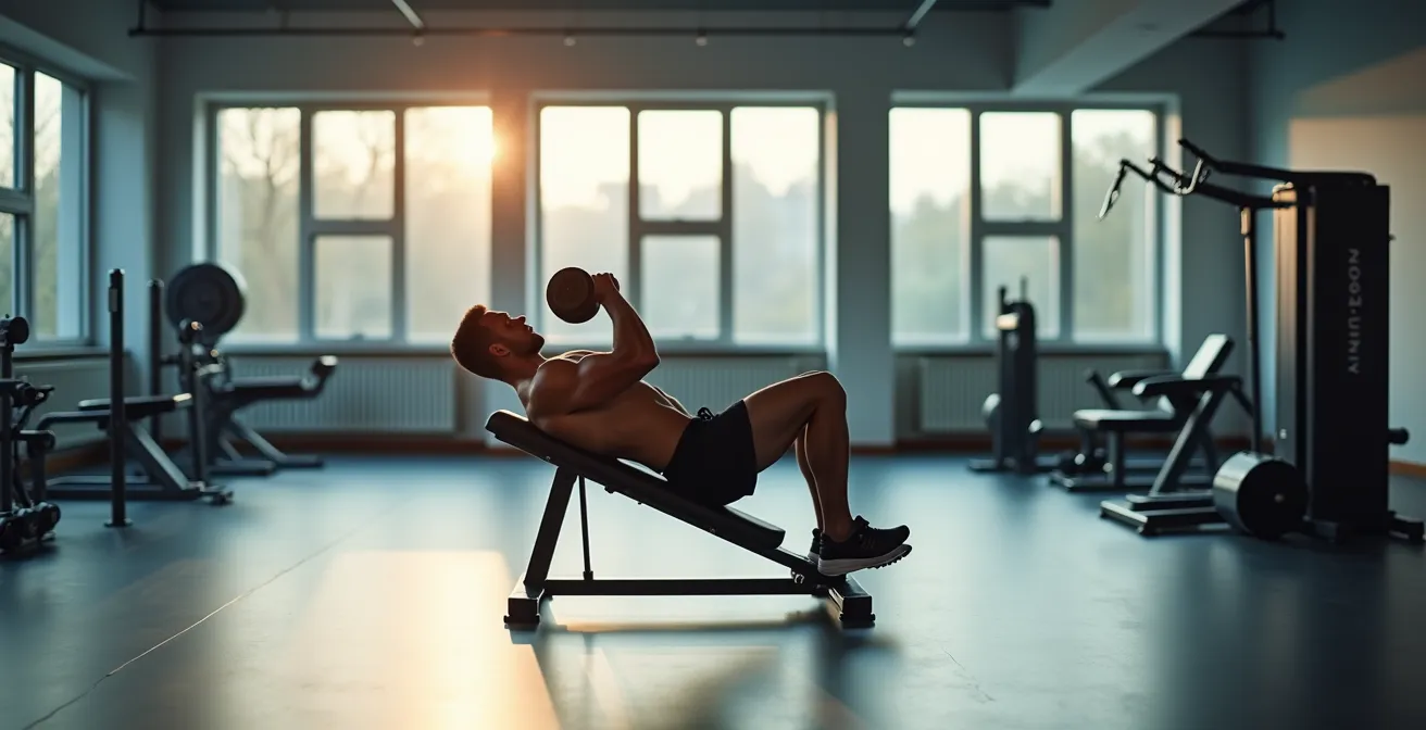 Fitnessstudio-Szene mit korrekter Bankdrück-Ausführung aus der Weitwinkel-Perspektive