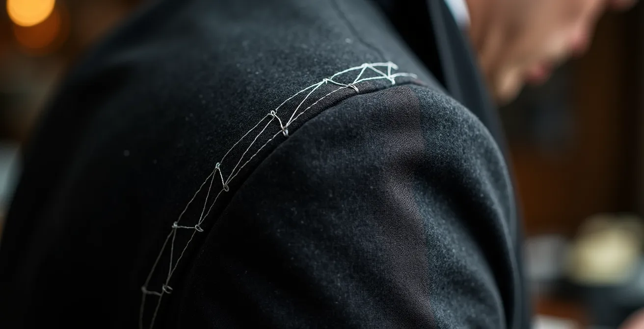 Detailaufnahme von Kontrastnähten an einem hochwertigen Sakko