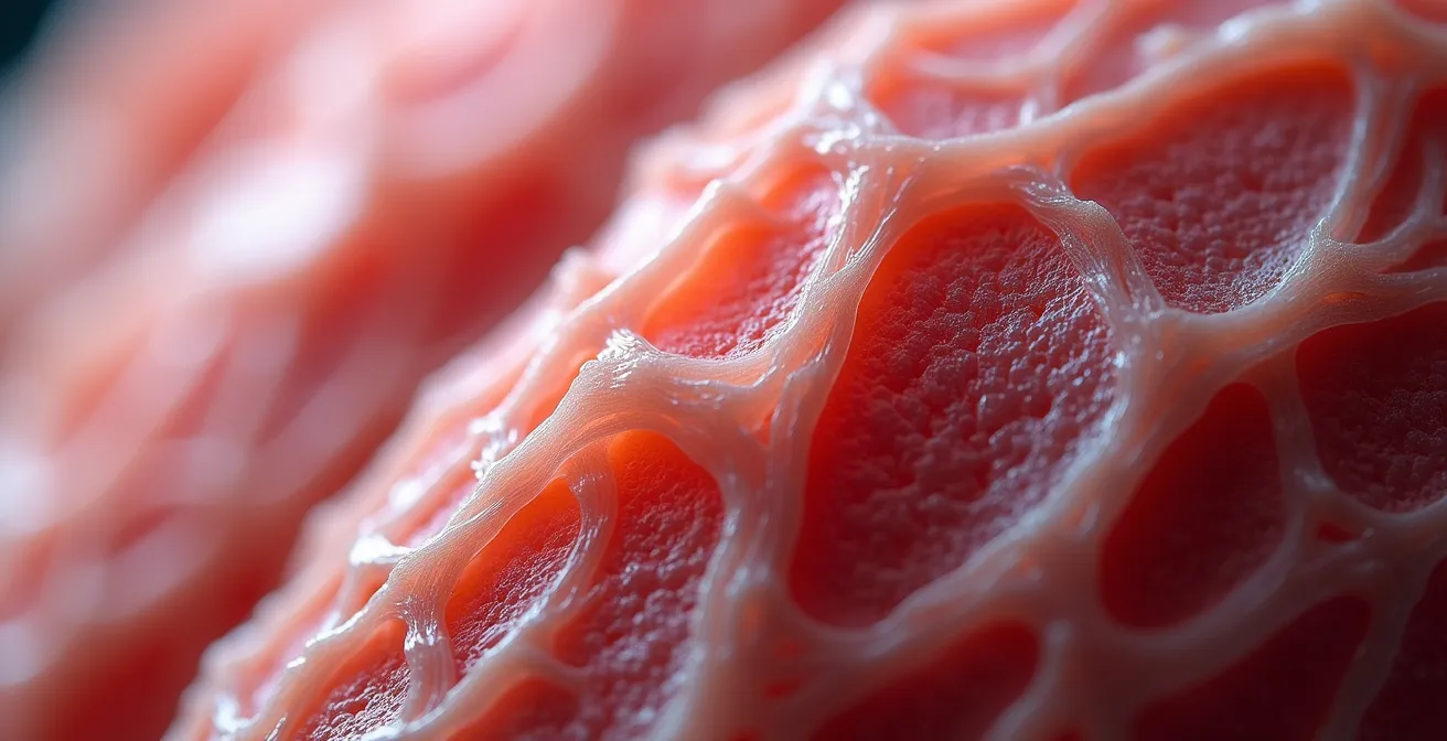 Makroaufnahme von Muskel- und Fettgewebe zur Veranschaulichung der Körperkomposition