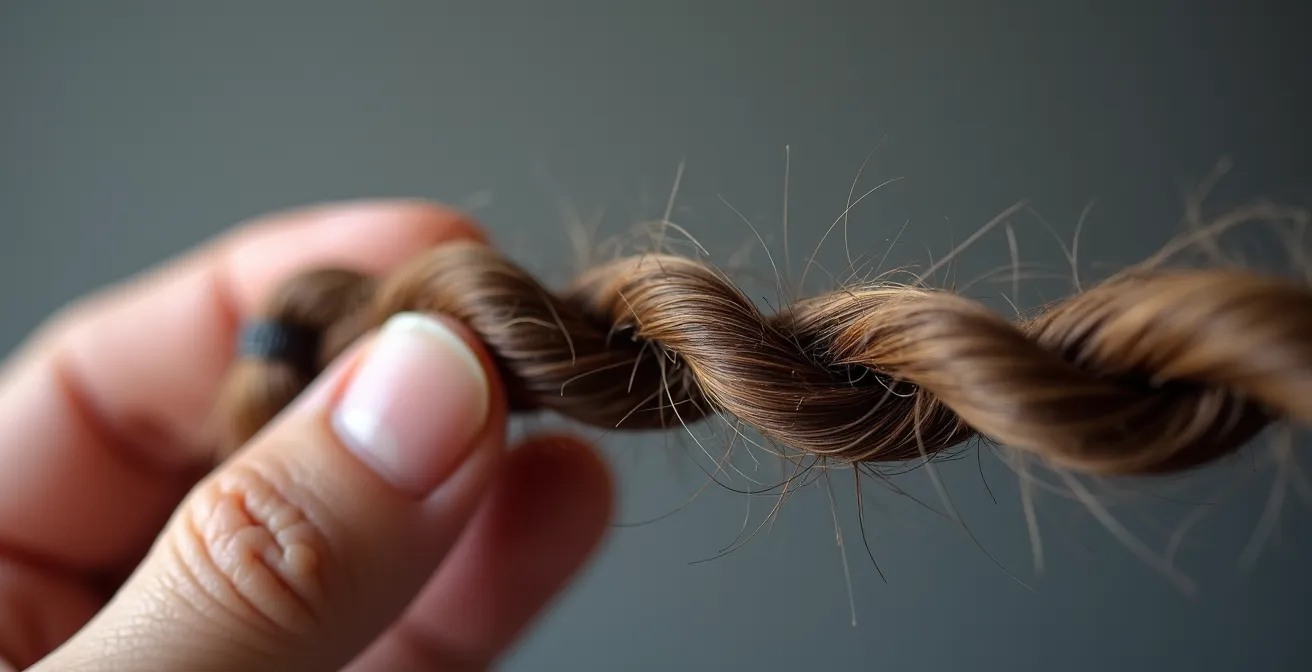 Nahaufnahme einer gezwirbelten Haarsträhne zwischen zwei Fingern, bei der die abstehenden Spliss-Enden deutlich sichtbar sind.