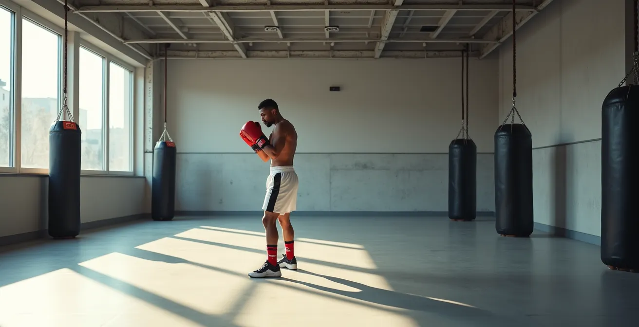 Boxer in stabilem Stand während des Trainings, zeigt perfekte Balance und Körperhaltung