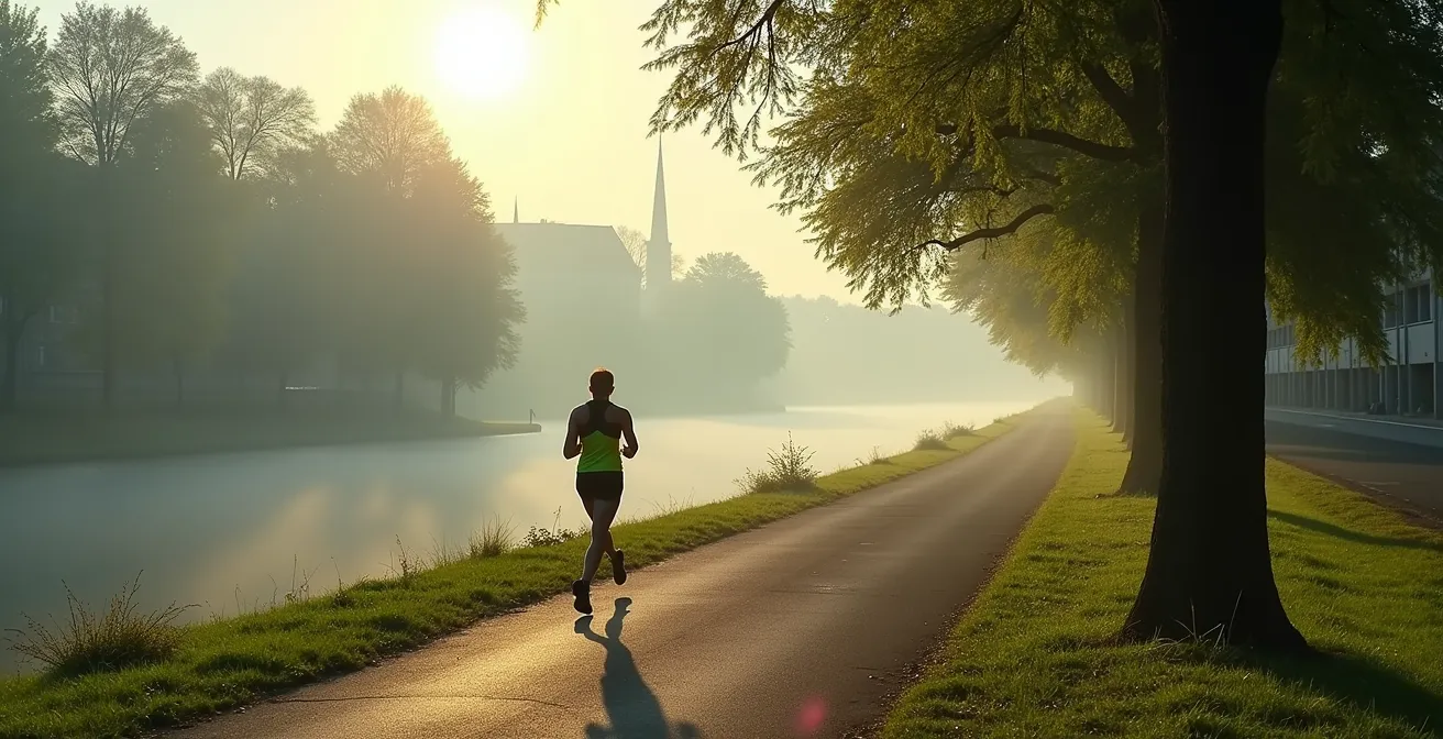Läufer auf grünem Uferweg entlang eines städtischen Flusses ohne Verkehr