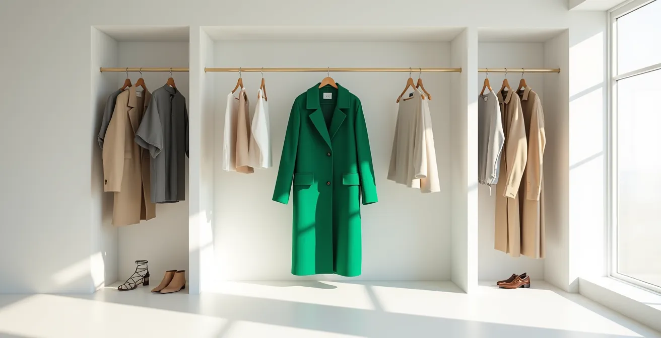 Minimalistische Garderobe mit zentralem Statement-Mantel umgeben von neutralen Basics