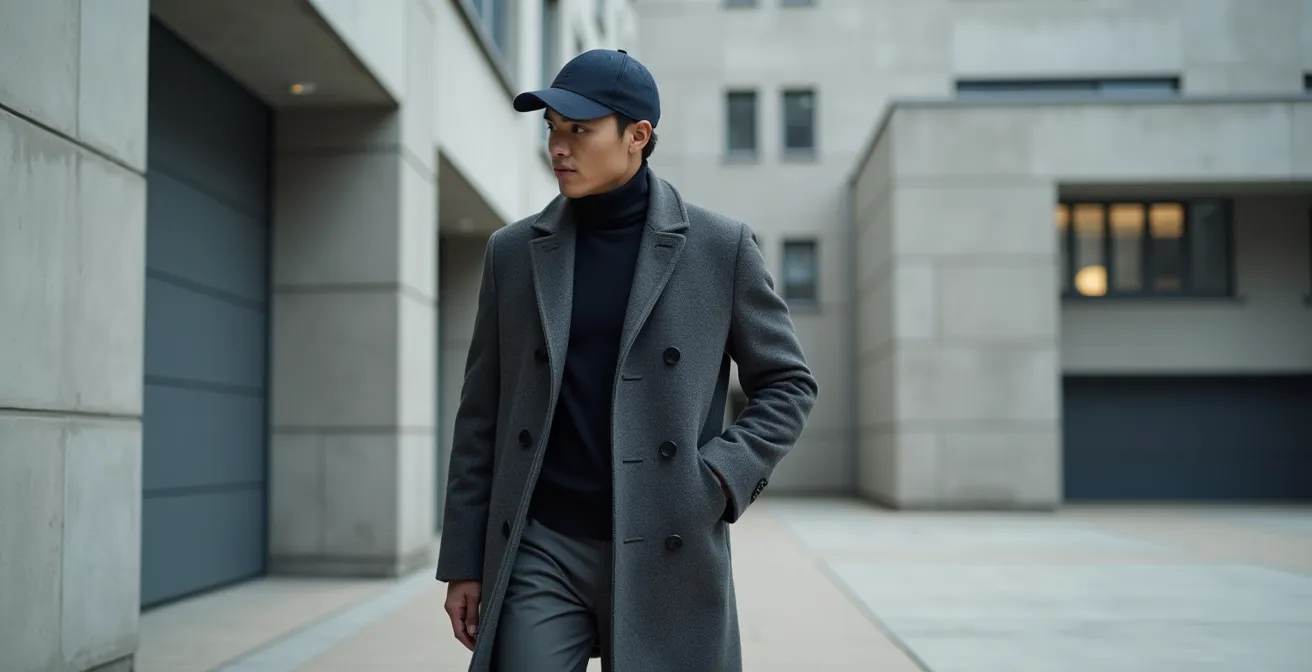 Mann mit elegantem Wollmantel und hochwertiger Cap in Berliner Stadtkulisse