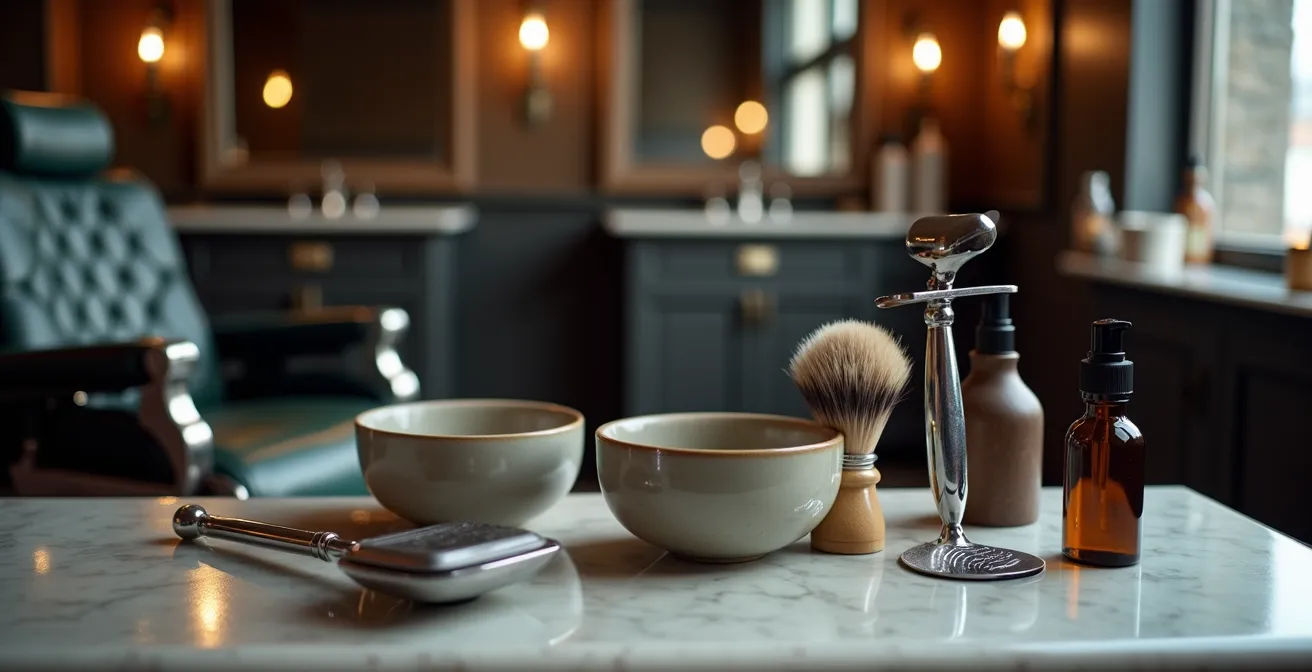 Klassische Nassrasur-Werkzeuge aus Solingen in traditionellem Barbershop-Setting