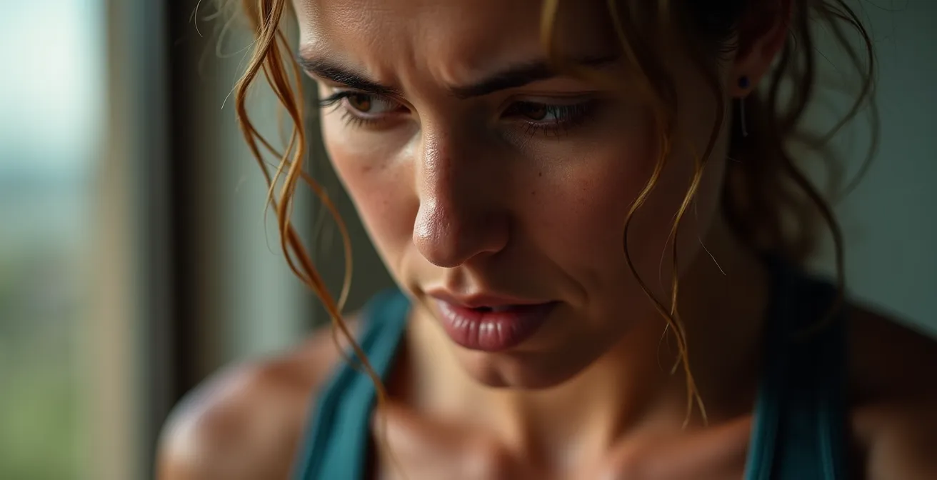 Nahaufnahme erschöpfter Sportler mit sichtbaren Anzeichen von Übertraining