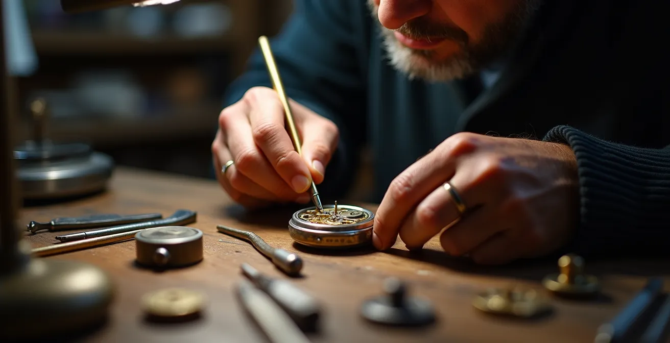 Uhrmacher bei der Arbeit an einem mechanischen Uhrwerk in einer traditionellen Werkstatt