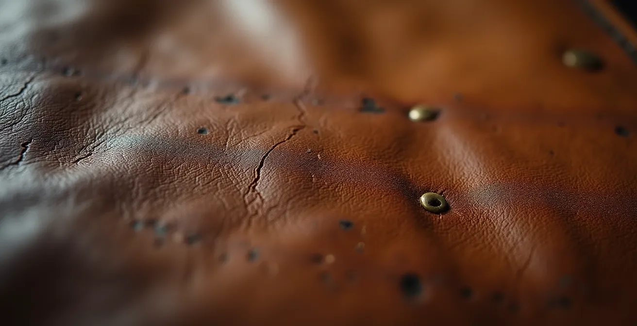 Makroaufnahme der natürlichen Patina einer 90er Jahre Lederjacke mit authentischen Gebrauchsspuren
