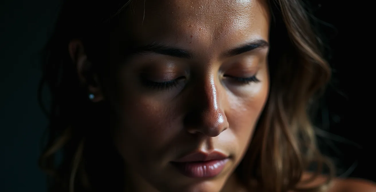 Nahaufnahme eines fokussierten Gesichts mit geschlossenen Augen beim Visualisieren, Schweißperlen auf der Stirn.