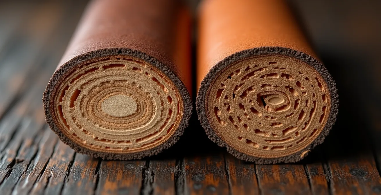 Makroaufnahme zeigt den Querschnitt von Vollnarbenleder mit dichten Fasern im Vergleich zu Spaltleder mit lockeren Fasern und einer künstlichen Beschichtung.