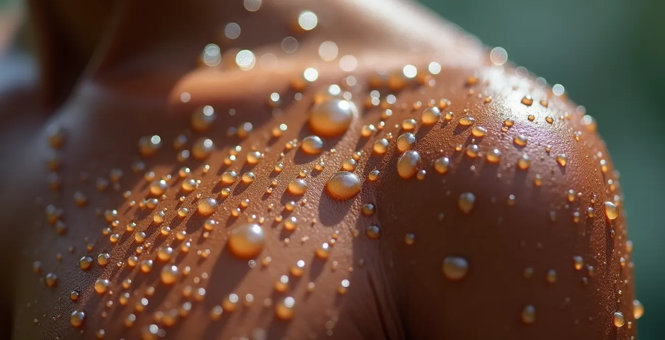 Detailaufnahme von Wassertropfen auf Haut nach dem Training