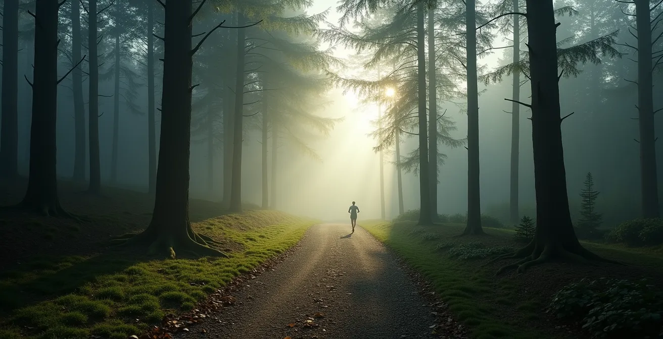 Weitwinkelaufnahme eines Waldwegs mit Läufer in der Ferne, umgeben von hohen Bäumen und natürlichem Licht