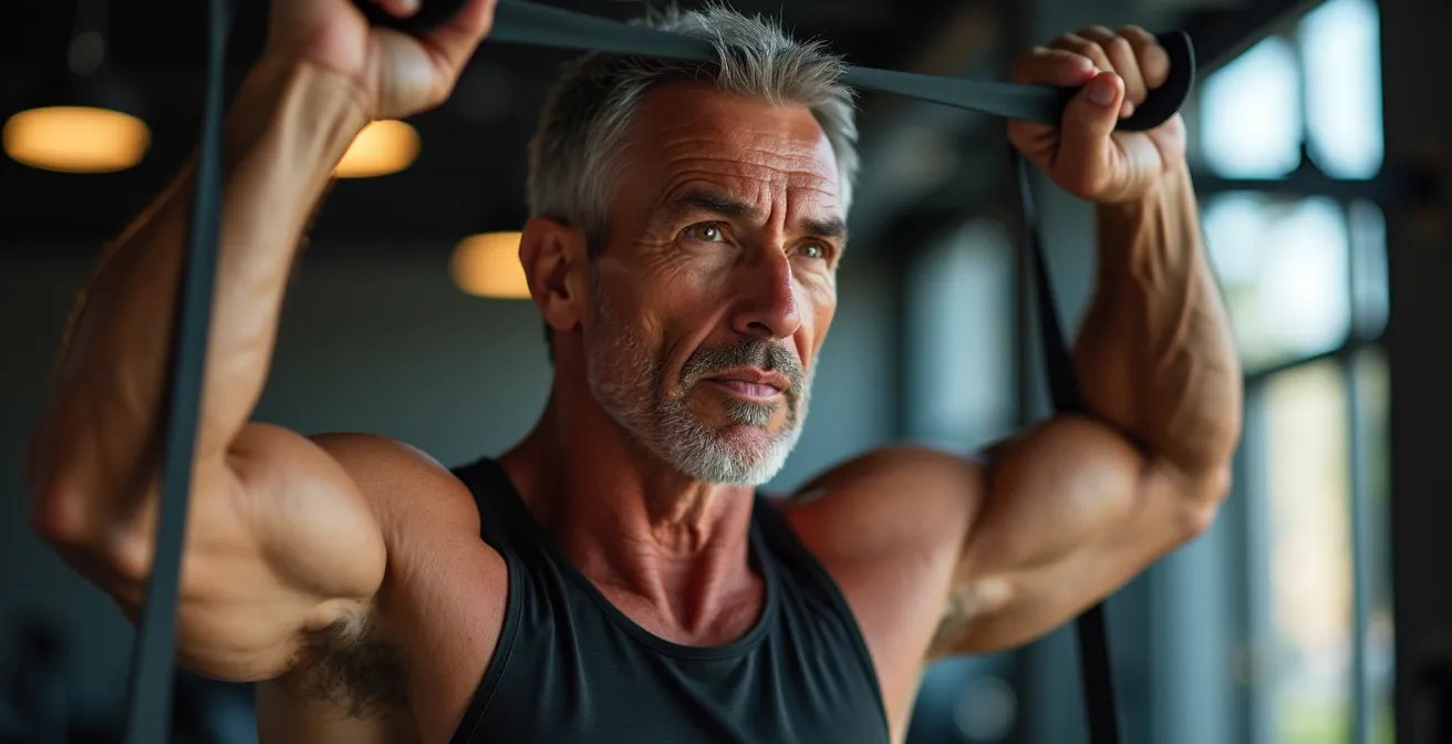 Mann mittleren Alters führt eine dynamische Aufwärmübung mit einem Widerstandsband im Fitnessstudio aus