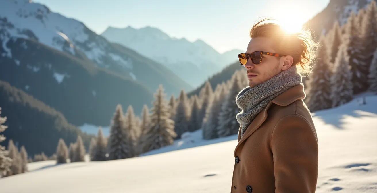Elegante Winterszene mit stilvoller Sonnenbrille im deutschen Winterlook
