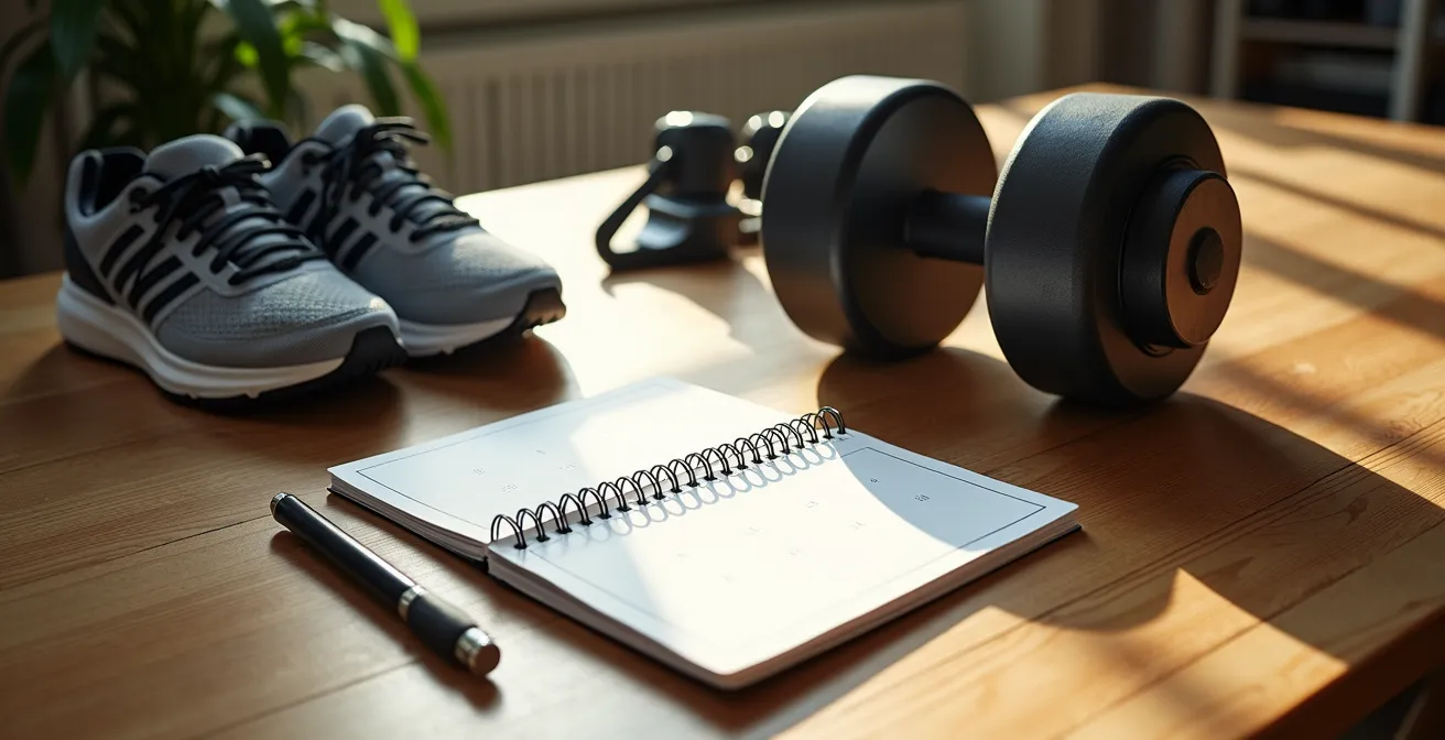 Visueller Wochenplan, der Laufschuhe und Hanteln neben einem Kalender zeigt, als Metapher für die Kombination von Marathon- und Krafttraining.